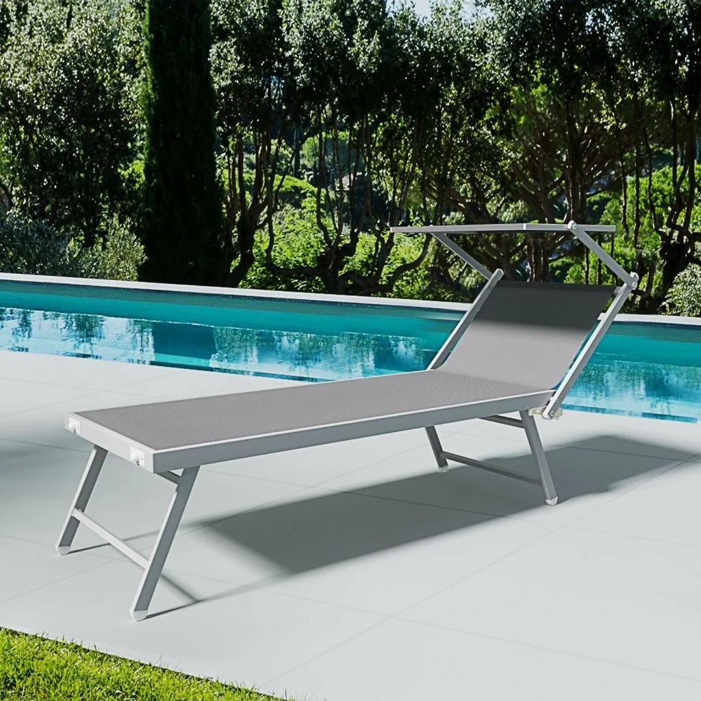 Coppia Di Lettini Grigio Prendisole Pieghevole Professionale In Alluminio Tettuccio Orientabile Tettino Parasole Sdraio Lettino Prendi Sole Mare Spiaggia Piscina Giardino 182 x 60 x 38 cm - Image 4