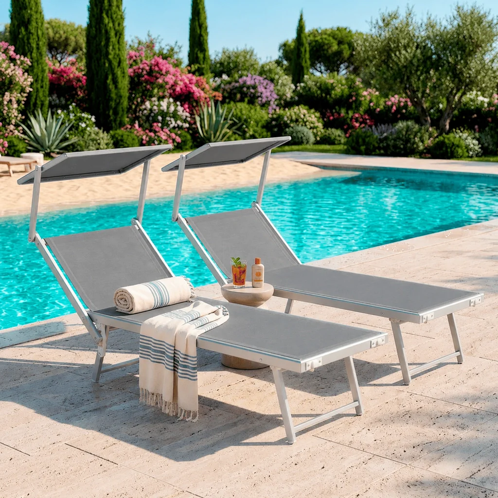 Coppia Di Lettini Grigio Prendisole Pieghevole Professionale In Alluminio Tettuccio Orientabile Tettino Parasole Sdraio Lettino Prendi Sole Mare Spiaggia Piscina Giardino 182 x 60 x 38 cm - Image 5