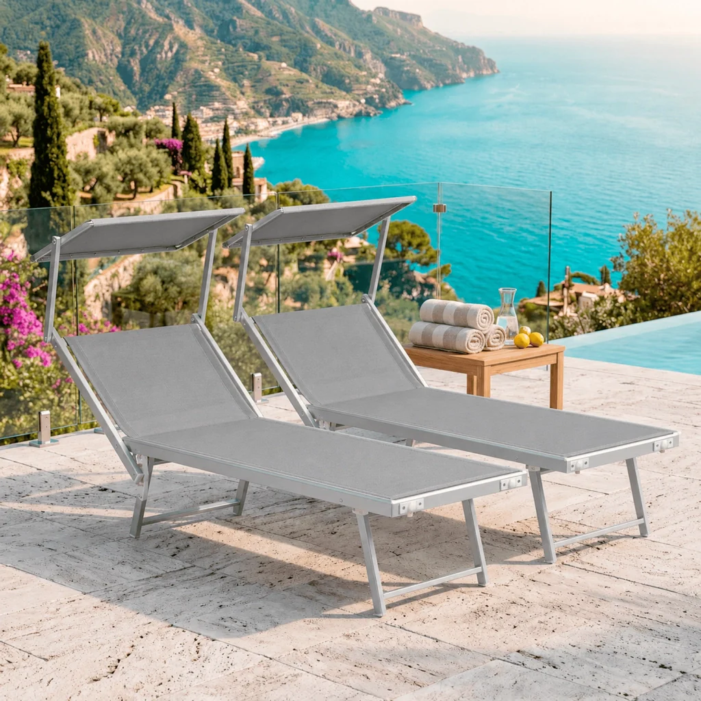 Coppia Di Lettini Grigio Prendisole Pieghevole Professionale In Alluminio Tettuccio Orientabile Tettino Parasole Sdraio Lettino Prendi Sole Mare Spiaggia Piscina Giardino 182 x 60 x 38 cm - Image 8