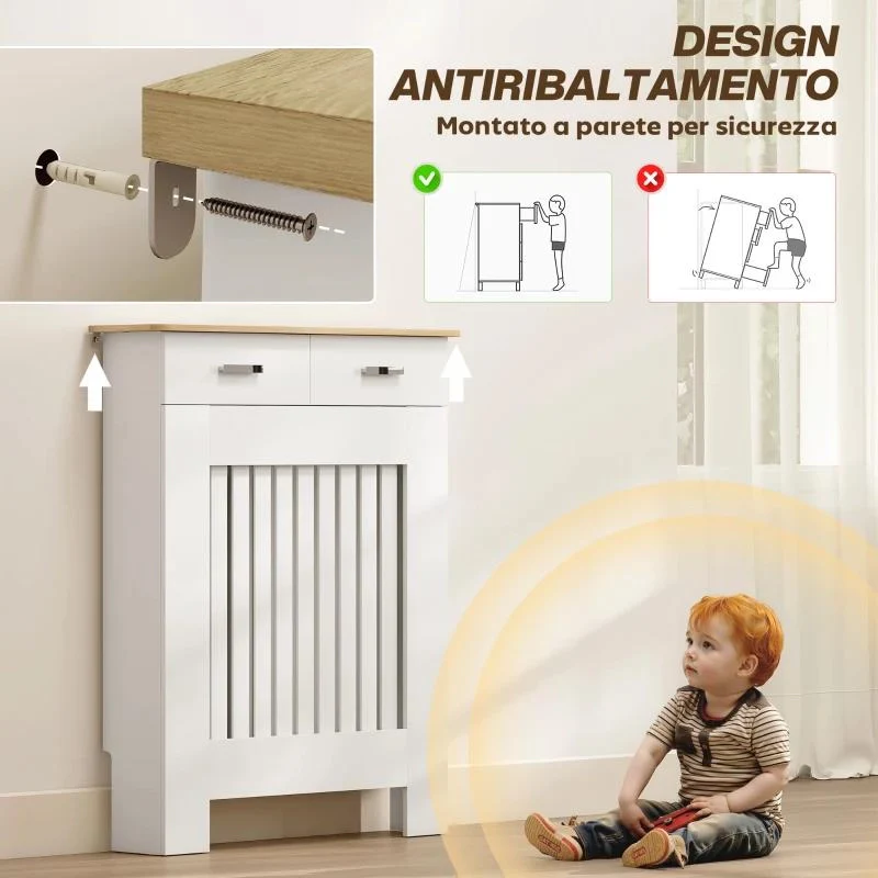 COPRITERMOSIFONE A DOGHE ANTIRIBALTAMENTO CON CASSETTO, IN LEGNO, 78X19X97 CM, BIANCO - Image 3