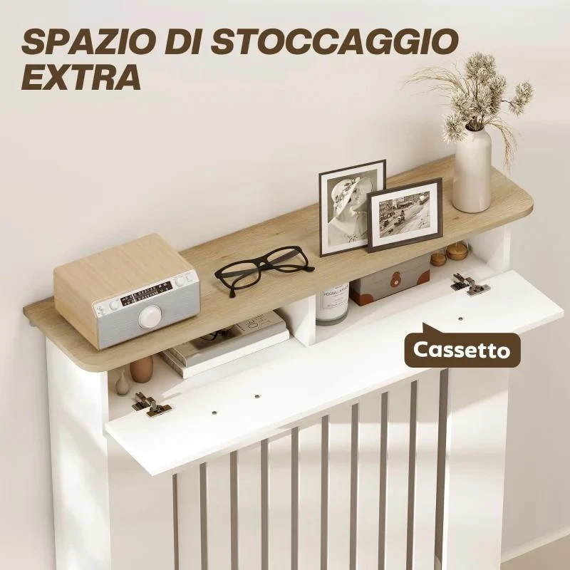 COPRITERMOSIFONE A DOGHE ANTIRIBALTAMENTO CON CASSETTO, IN LEGNO, 78X19X97 CM, BIANCO - Image 7