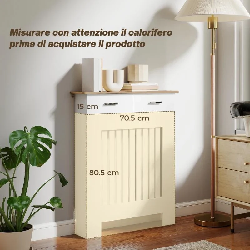 COPRITERMOSIFONE A DOGHE ANTIRIBALTAMENTO CON CASSETTO, IN LEGNO, 78X19X97 CM, BIANCO - Image 8