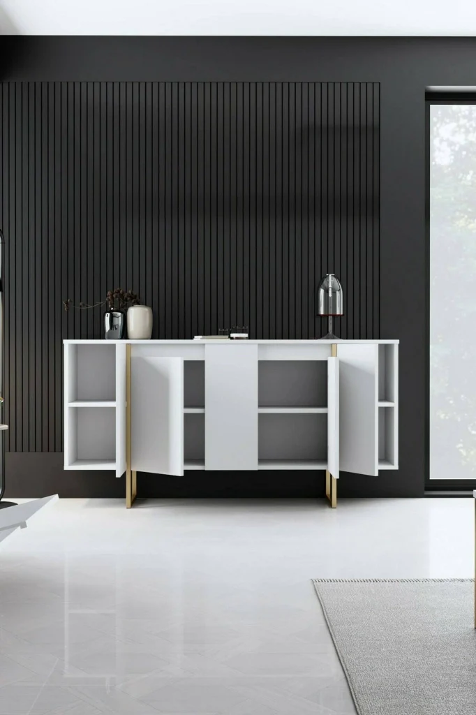 Credenza Arta, Buffet da soggiorno, Madia da salotto, Dispensa da cucina, 160x35h80 cm, Bianco e Oro - Image 5