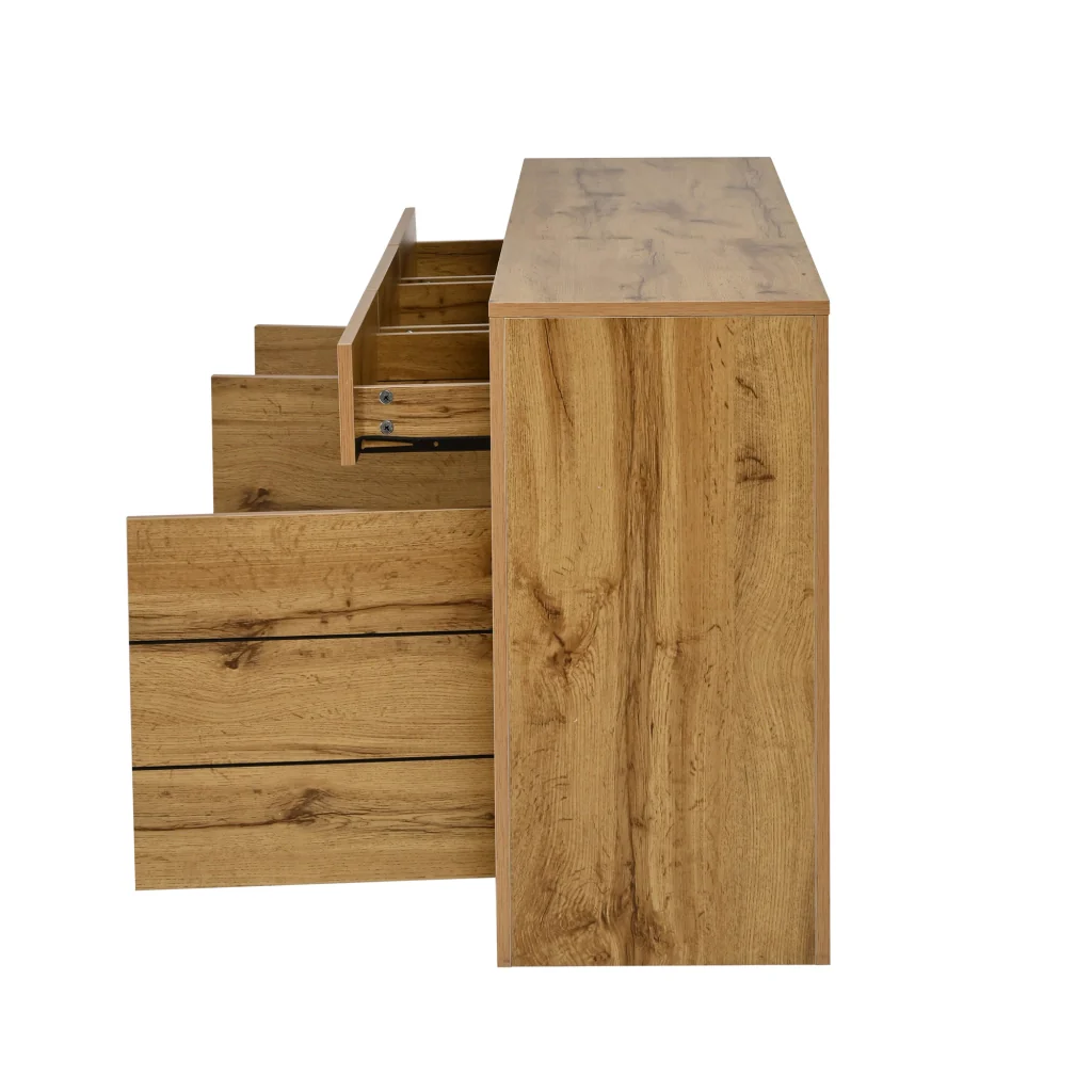Credenza da sala da pranzo, mobile a tre ante, in truciolato, con 3 cassetti, color legno naturale - Image 6