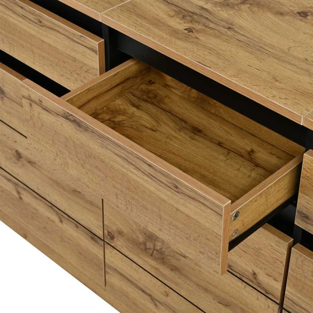 Credenza da sala da pranzo, mobile a tre ante, in truciolato, con 3 cassetti, color legno naturale - Image 9