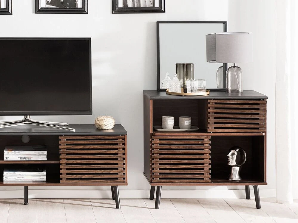 Credenza in legno scuro finitura 80 x 40 x 80 cm armadio con ante scorrevoli rustiche - Image 4