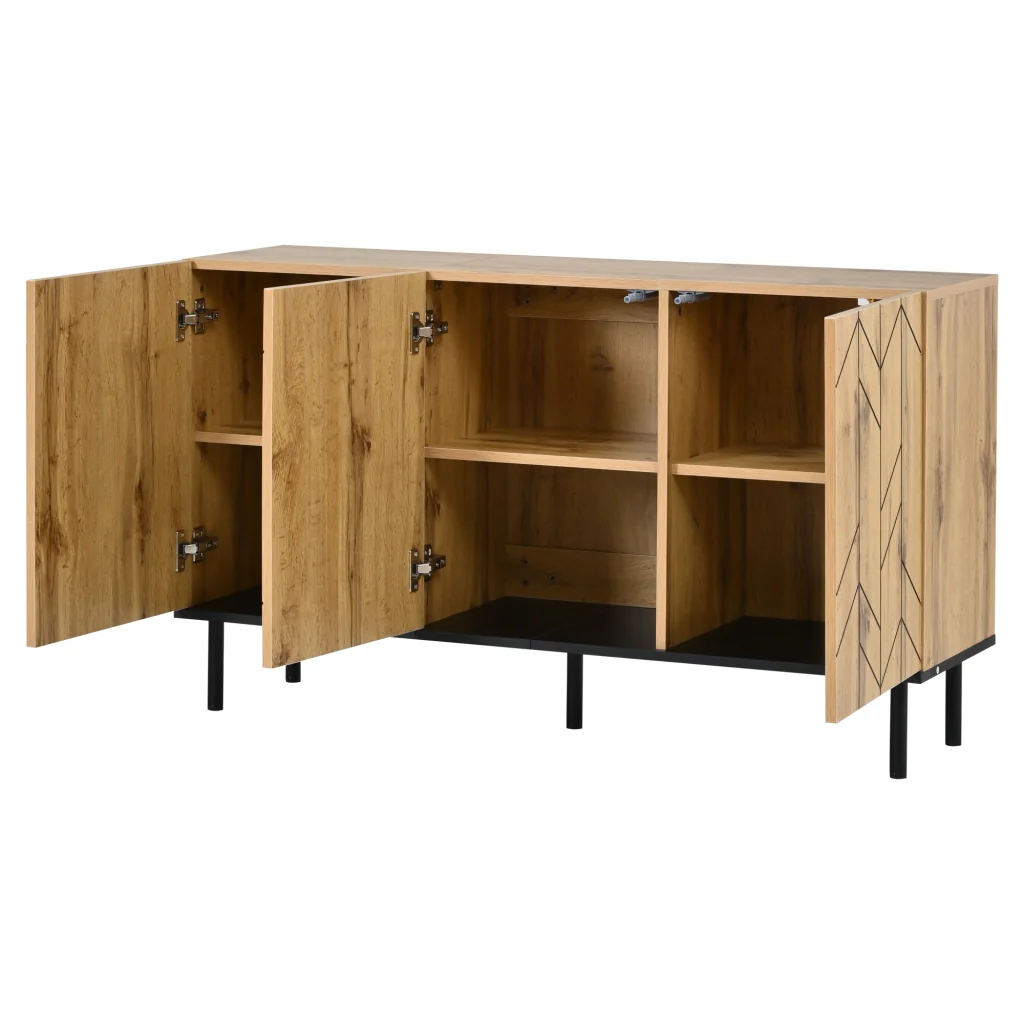 Credenza, mobile a tre ante, pannelli in truciolato, gambe di sostegno in metallo, colore legno naturale - Image 3