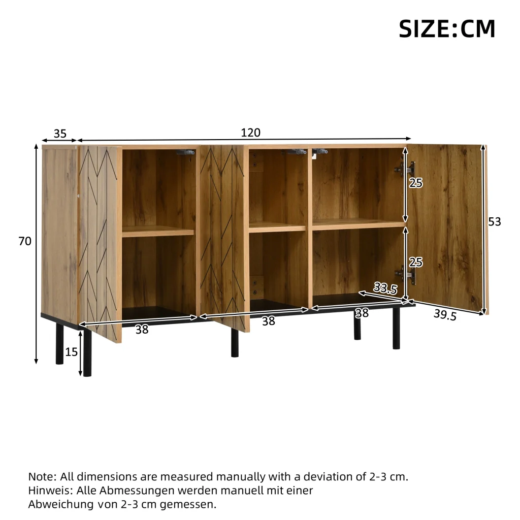Credenza, mobile a tre ante, pannelli in truciolato, gambe di sostegno in metallo, colore legno naturale - Image 4
