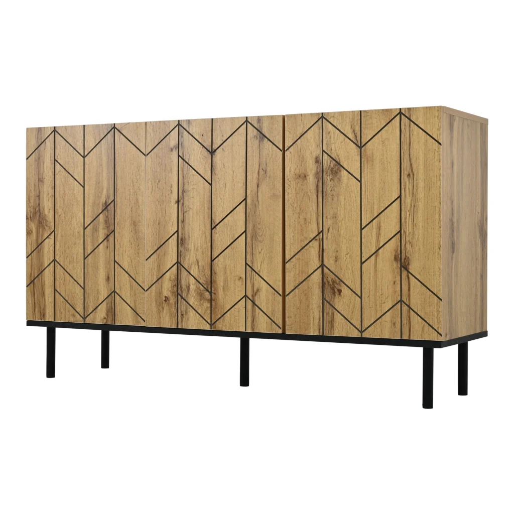 Credenza, mobile a tre ante, pannelli in truciolato, gambe di sostegno in metallo, colore legno naturale - Image 7