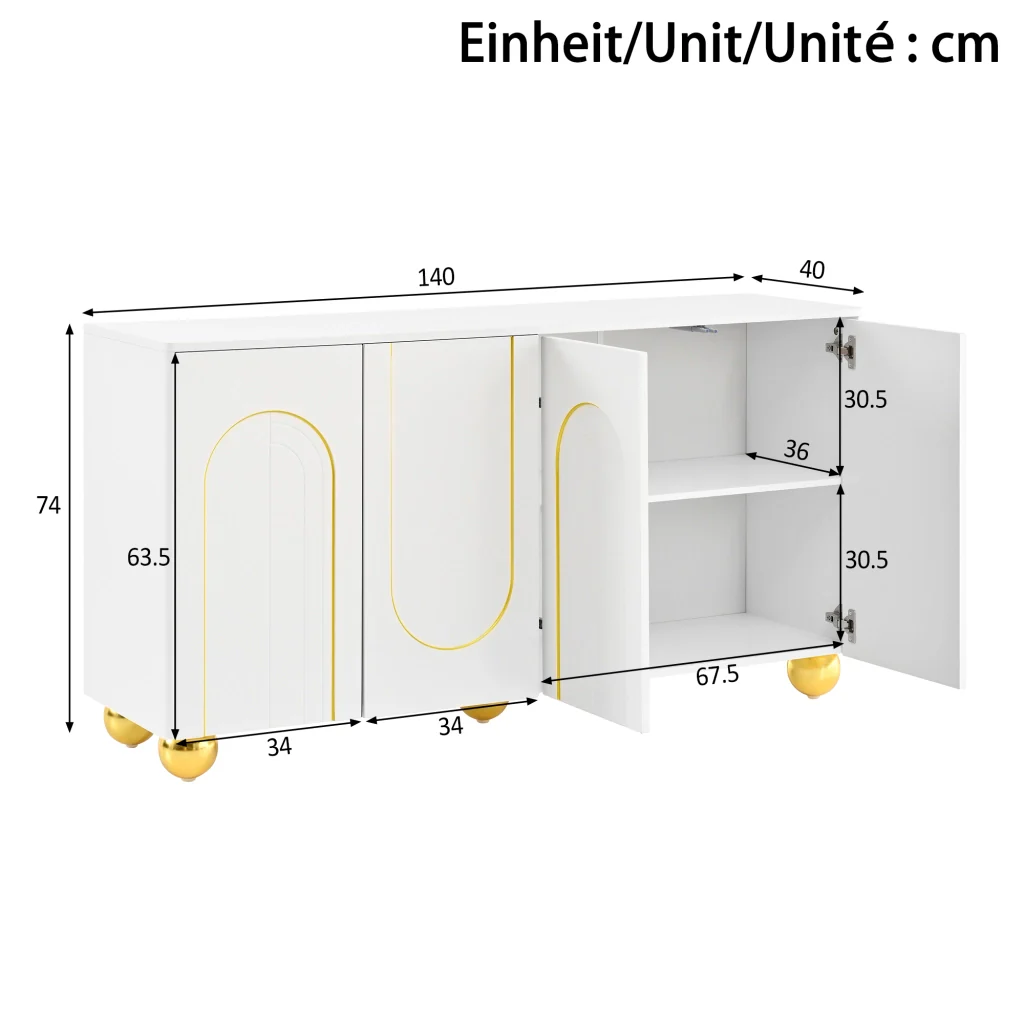 Credenza, mobile contenitore, ante con decorazioni ad arco in filo d’oro, piedini metallici sferici, bianco - Image 10