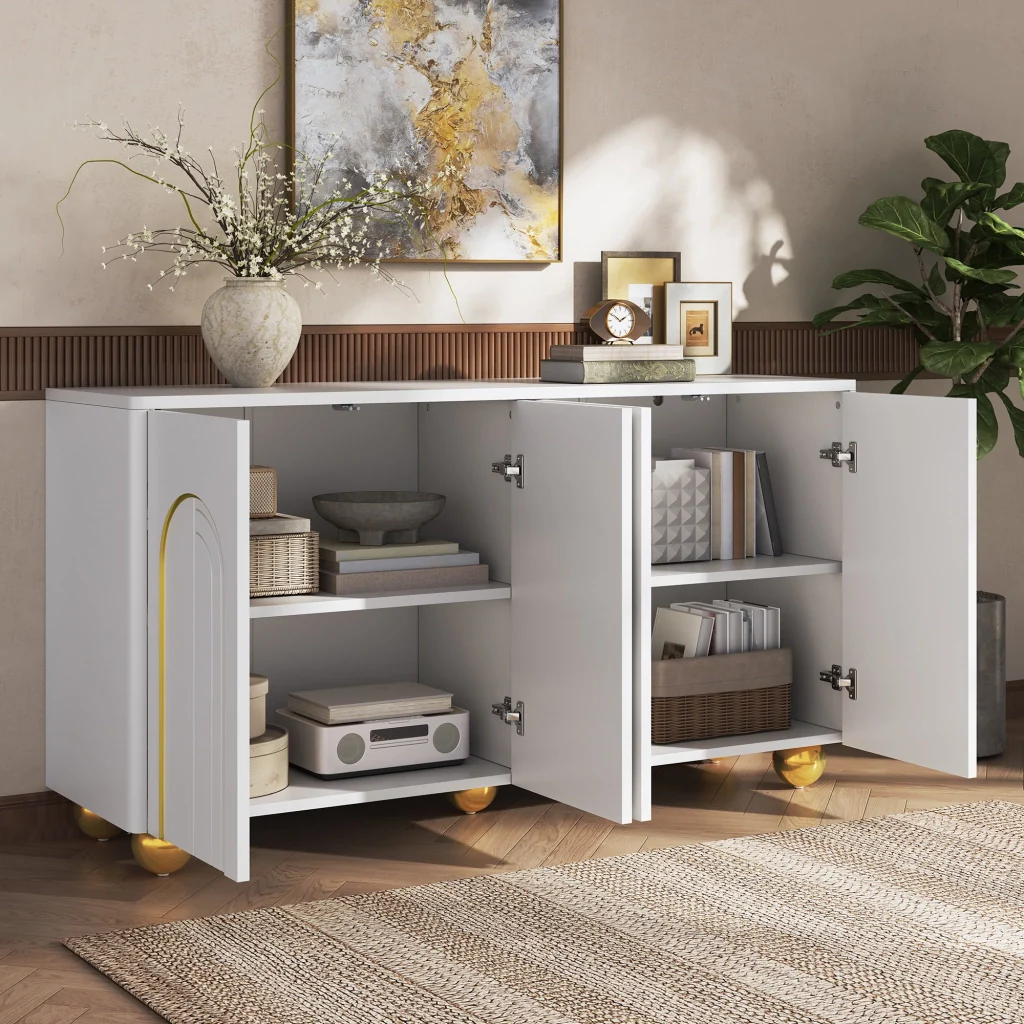 Credenza, mobile contenitore, ante con decorazioni ad arco in filo d’oro, piedini metallici sferici, bianco - Image 3