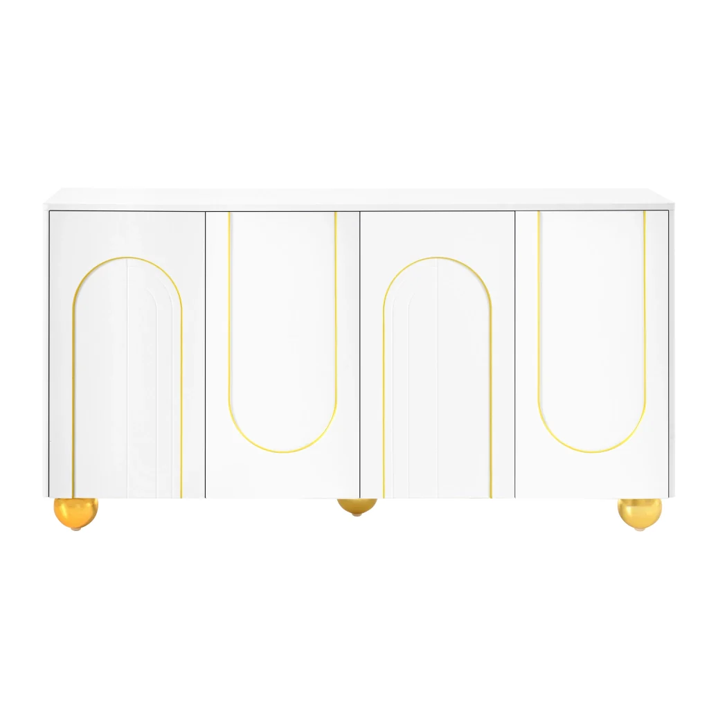 Credenza, mobile contenitore, ante con decorazioni ad arco in filo d’oro, piedini metallici sferici, bianco - Image 4