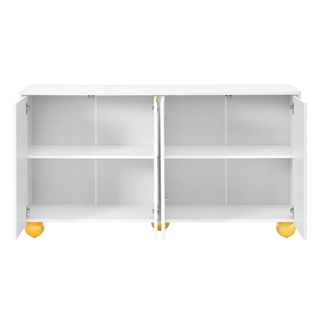 Credenza, mobile contenitore, ante con decorazioni ad arco in filo d’oro, piedini metallici sferici, bianco - Image 5