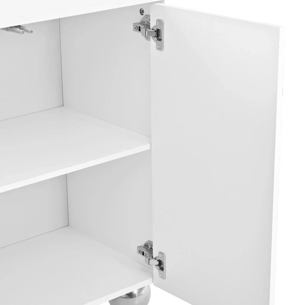 Credenza, mobile contenitore, ante con decorazioni ad arco in filo d’oro, piedini metallici sferici, bianco - Image 8