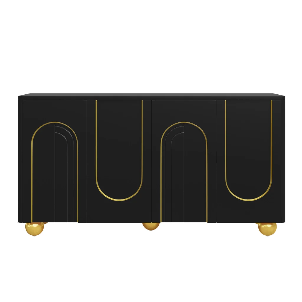 Credenza, mobile contenitore, ante con decorazioni ad arco in filo d’oro, piedini metallici sferici, nero - Image 4