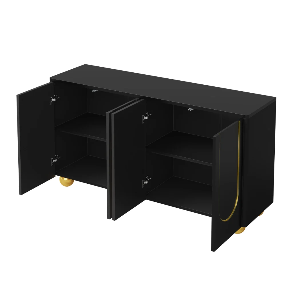 Credenza, mobile contenitore, ante con decorazioni ad arco in filo d’oro, piedini metallici sferici, nero - Image 5
