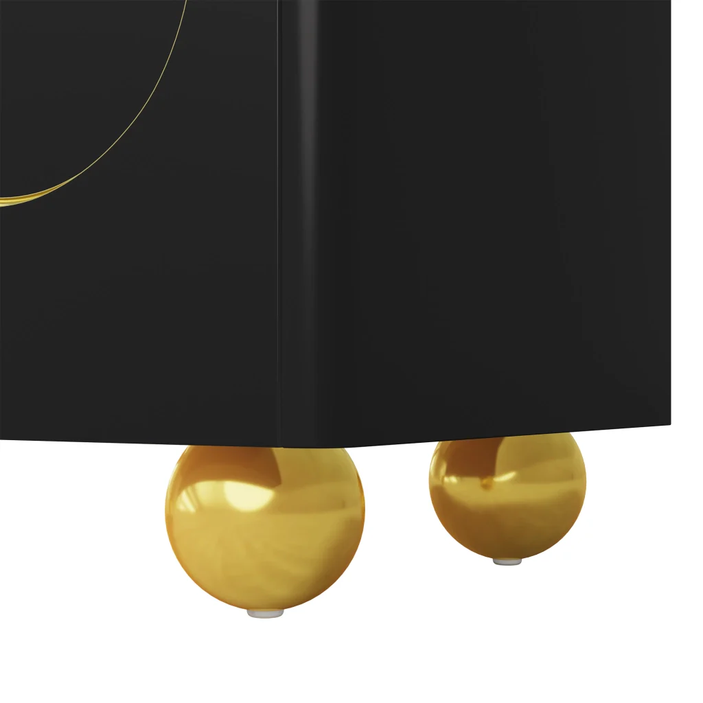 Credenza, mobile contenitore, ante con decorazioni ad arco in filo d’oro, piedini metallici sferici, nero - Image 6