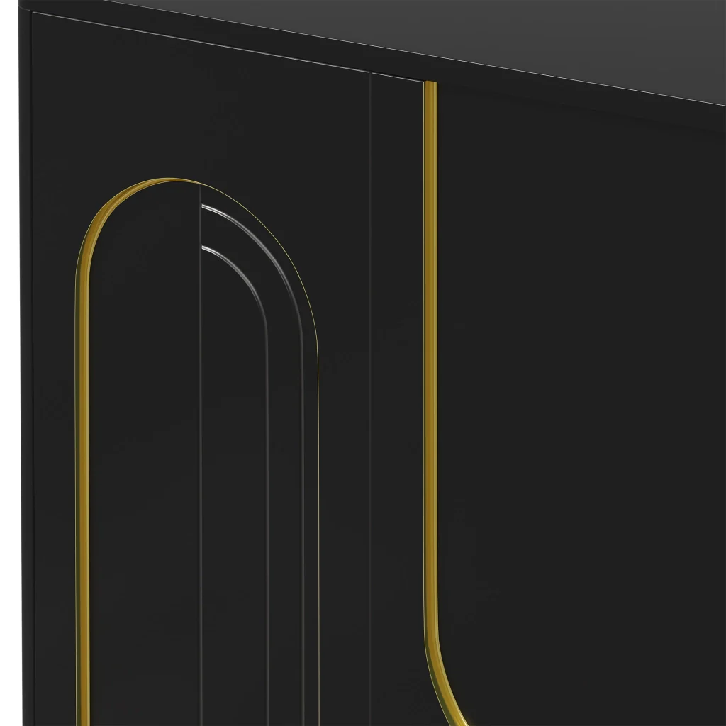 Credenza, mobile contenitore, ante con decorazioni ad arco in filo d’oro, piedini metallici sferici, nero - Image 7