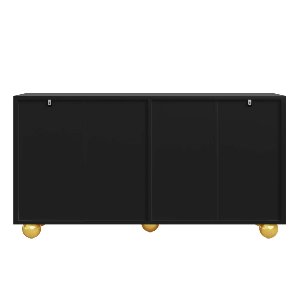 Credenza, mobile contenitore, ante con decorazioni ad arco in filo d’oro, piedini metallici sferici, nero - Image 8