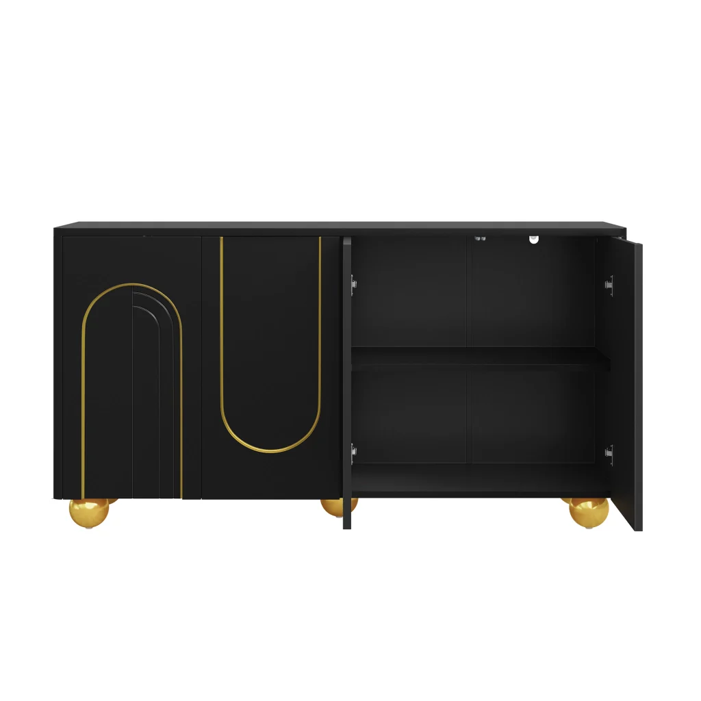 Credenza, mobile contenitore, ante con decorazioni ad arco in filo d’oro, piedini metallici sferici, nero - Image 9
