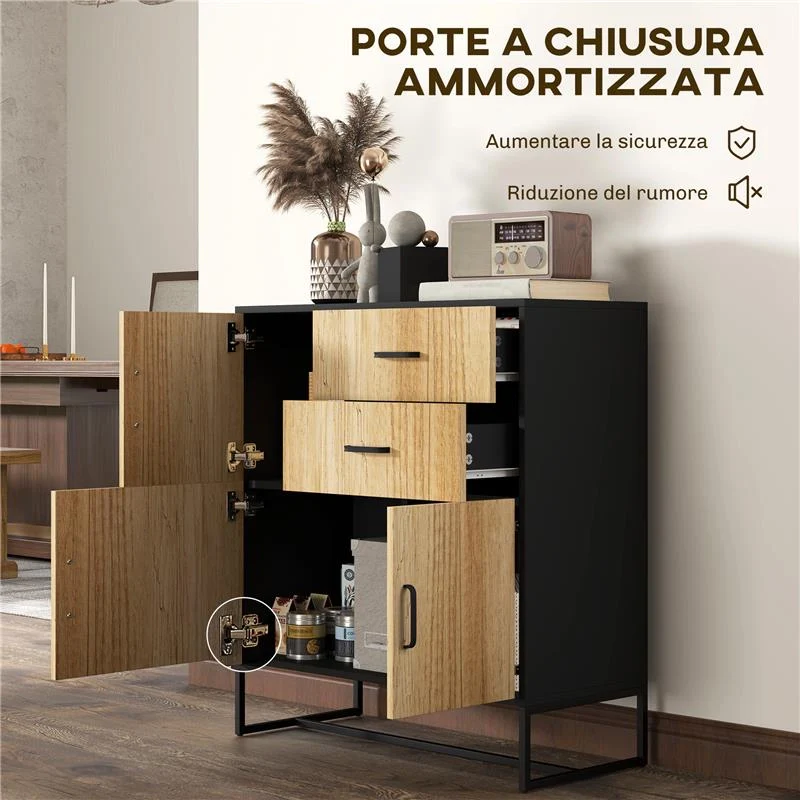CREDENZA MODERNA CON 3 ARMADIETTI E 2 CASSETTI IN TRUCIOLATO E ACCIAIO 80X35X88 CM NERO E COLOR LEGNO - Image 2