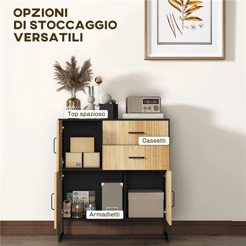 CREDENZA MODERNA CON 3 ARMADIETTI E 2 CASSETTI IN TRUCIOLATO E ACCIAIO 80X35X88 CM NERO E COLOR LEGNO - Image 3