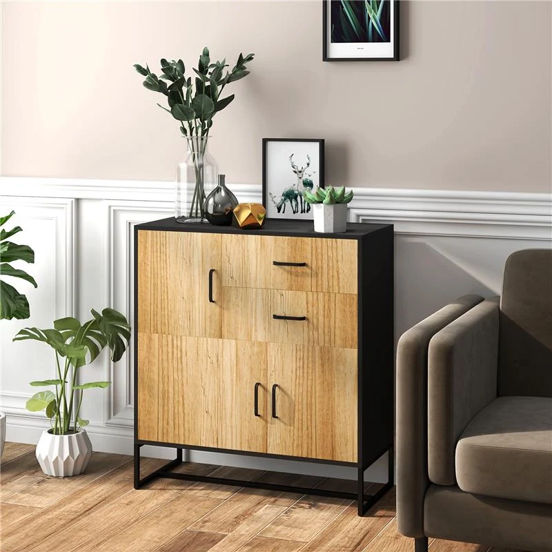CREDENZA MODERNA CON 3 ARMADIETTI E 2 CASSETTI IN TRUCIOLATO E ACCIAIO 80X35X88 CM NERO E COLOR LEGNO - Image 4