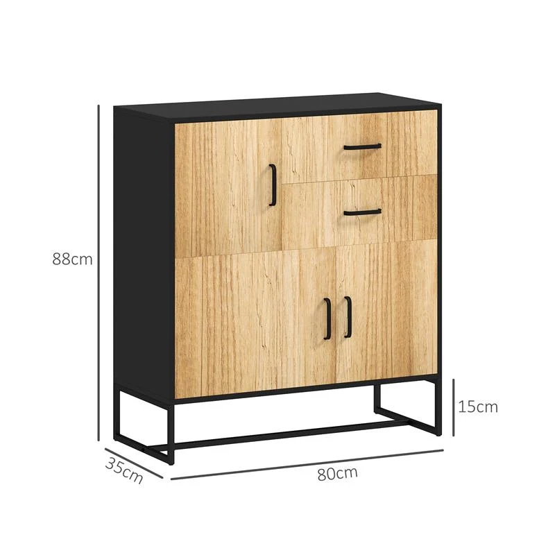 CREDENZA MODERNA CON 3 ARMADIETTI E 2 CASSETTI IN TRUCIOLATO E ACCIAIO 80X35X88 CM NERO E COLOR LEGNO - Image 5