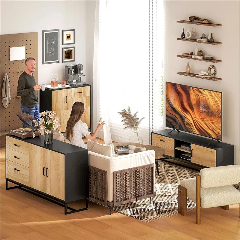 CREDENZA MODERNA CON 3 ARMADIETTI E 2 CASSETTI IN TRUCIOLATO E ACCIAIO 80X35X88 CM NERO E COLOR LEGNO - Image 6