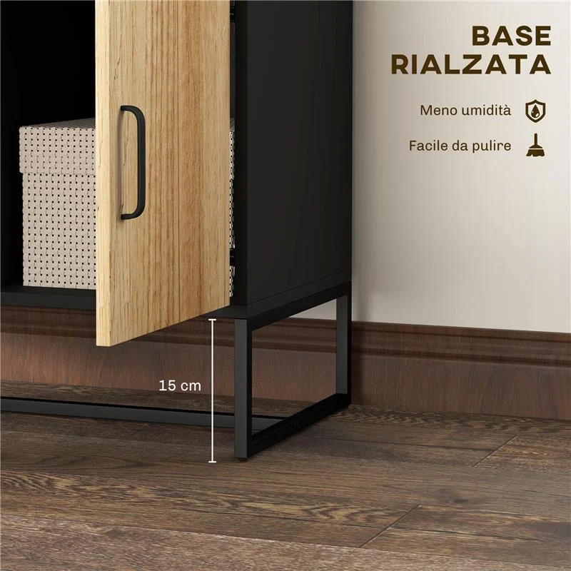 CREDENZA MODERNA CON 3 ARMADIETTI E 2 CASSETTI IN TRUCIOLATO E ACCIAIO 80X35X88 CM NERO E COLOR LEGNO - Image 7