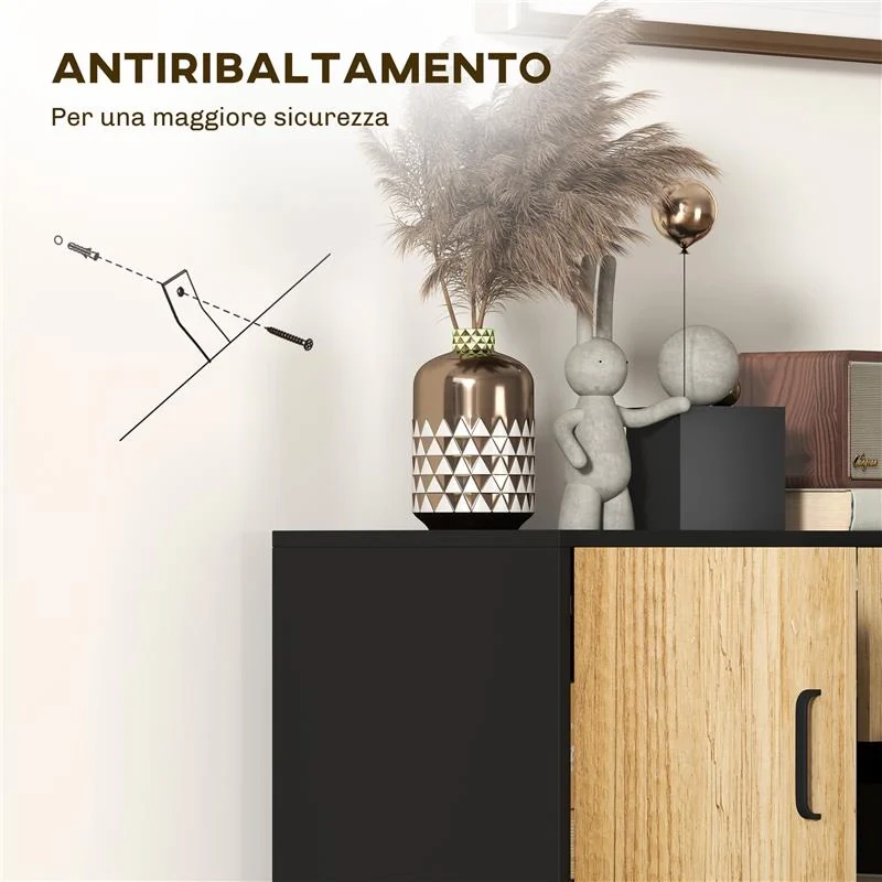 CREDENZA MODERNA CON 3 ARMADIETTI E 2 CASSETTI IN TRUCIOLATO E ACCIAIO 80X35X88 CM NERO E COLOR LEGNO - Image 8