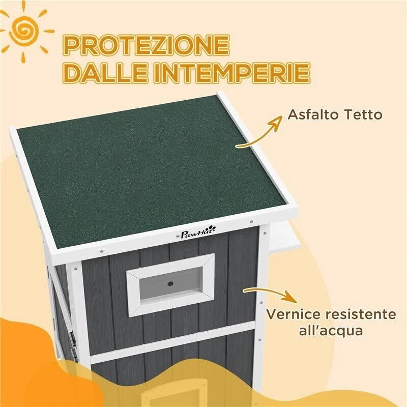 CUCCIA PER GATTI DA ESTERNO IN LEGNO A 2 LIVELLI CON TETTO IN ASFALTO E 4 PORTE, 60X60X90.5CM, GRIGIO - Image 2