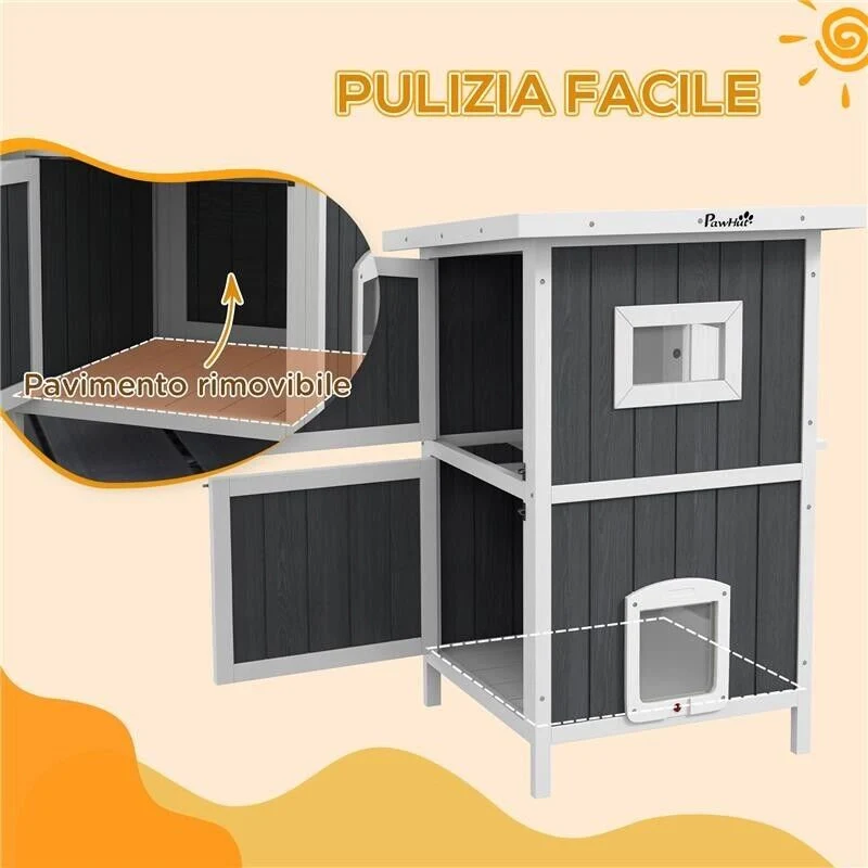CUCCIA PER GATTI DA ESTERNO IN LEGNO A 2 LIVELLI CON TETTO IN ASFALTO E 4 PORTE, 60X60X90.5CM, GRIGIO - Image 9