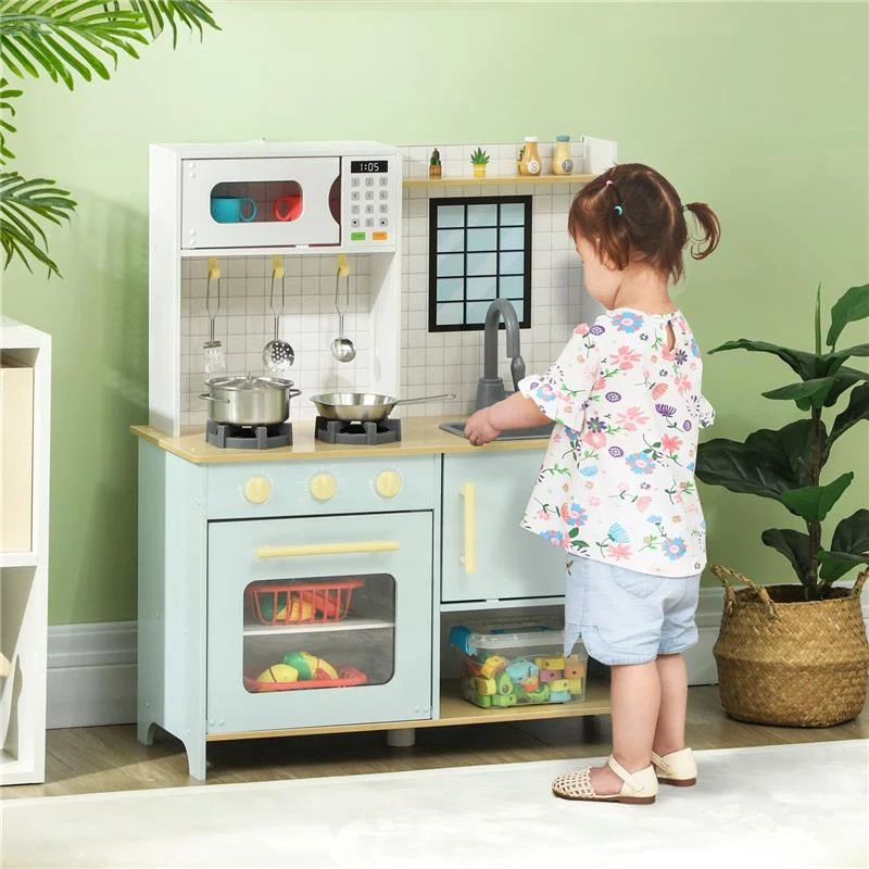 CUCINA GIOCATTOLO PER BAMBINI CON FORNELLI E ARMADIETTI, IN ACCIAIO, LEGNO E PP, 72X33X85.2 CM, BLU E BIANCO - Image 6