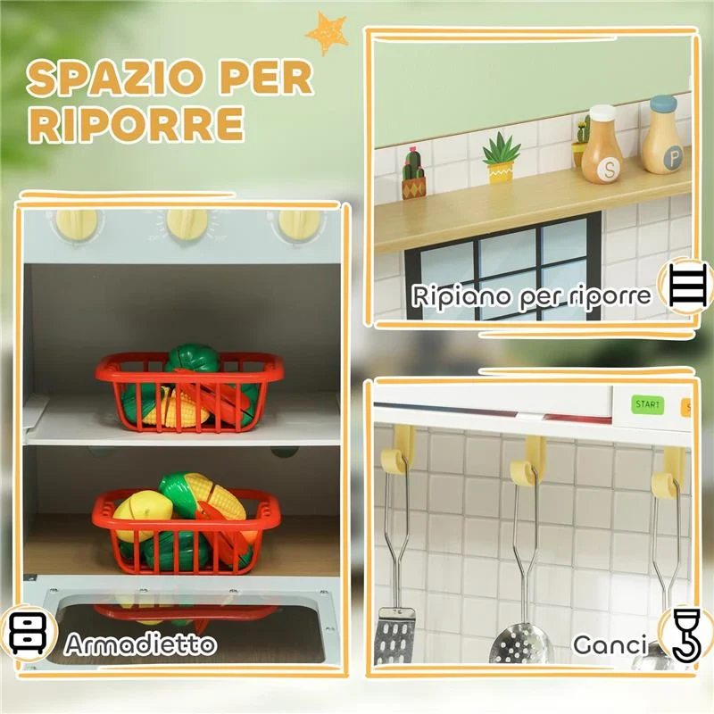 CUCINA GIOCATTOLO PER BAMBINI CON FORNELLI E ARMADIETTI, IN ACCIAIO, LEGNO E PP, 72X33X85.2 CM, BLU E BIANCO - Image 8