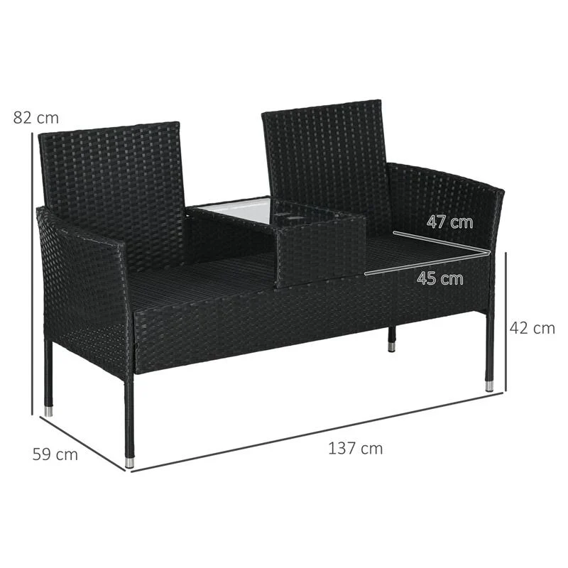 DIVANETTO PER ESTERNI 2 POSTI CON TAVOLINO DA CAFFÈ IN ACCIAIO E RATTAN PE 137X59X82 CM NERO - Image 3