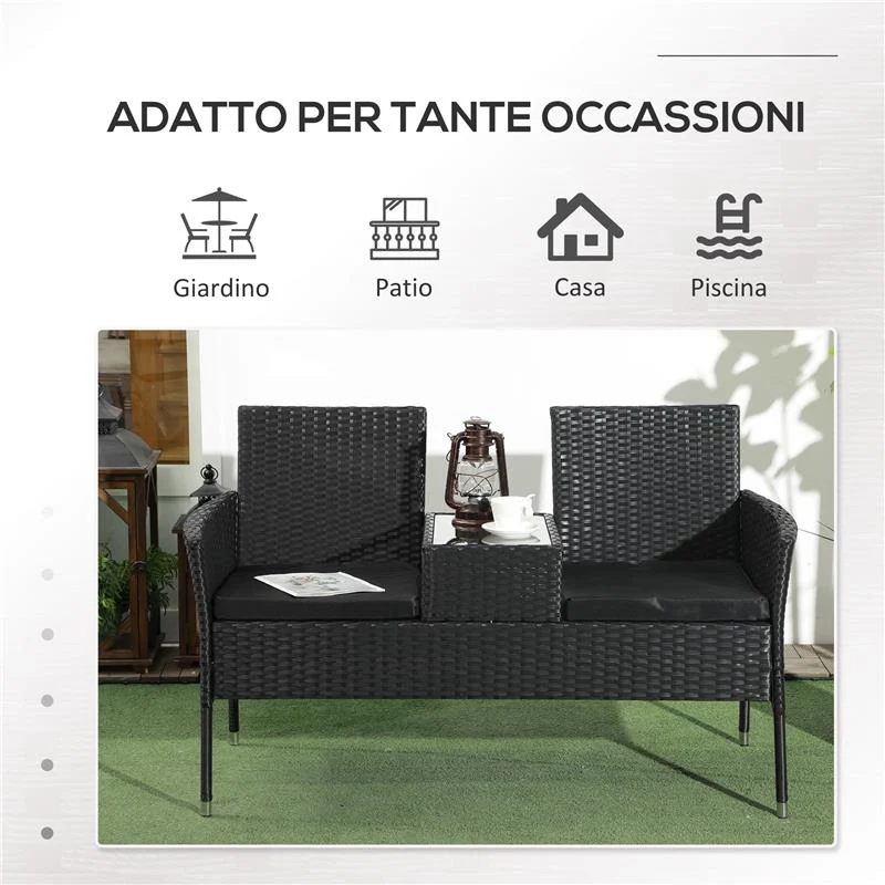 DIVANETTO PER ESTERNI 2 POSTI CON TAVOLINO DA CAFFÈ IN ACCIAIO E RATTAN PE 137X59X82 CM NERO - Image 4