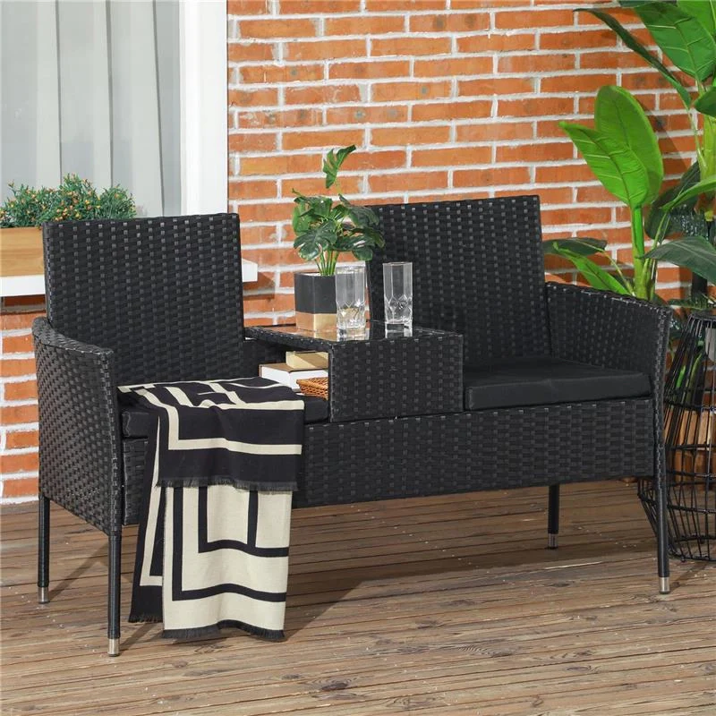 DIVANETTO PER ESTERNI 2 POSTI CON TAVOLINO DA CAFFÈ IN ACCIAIO E RATTAN PE 137X59X82 CM NERO - Image 5