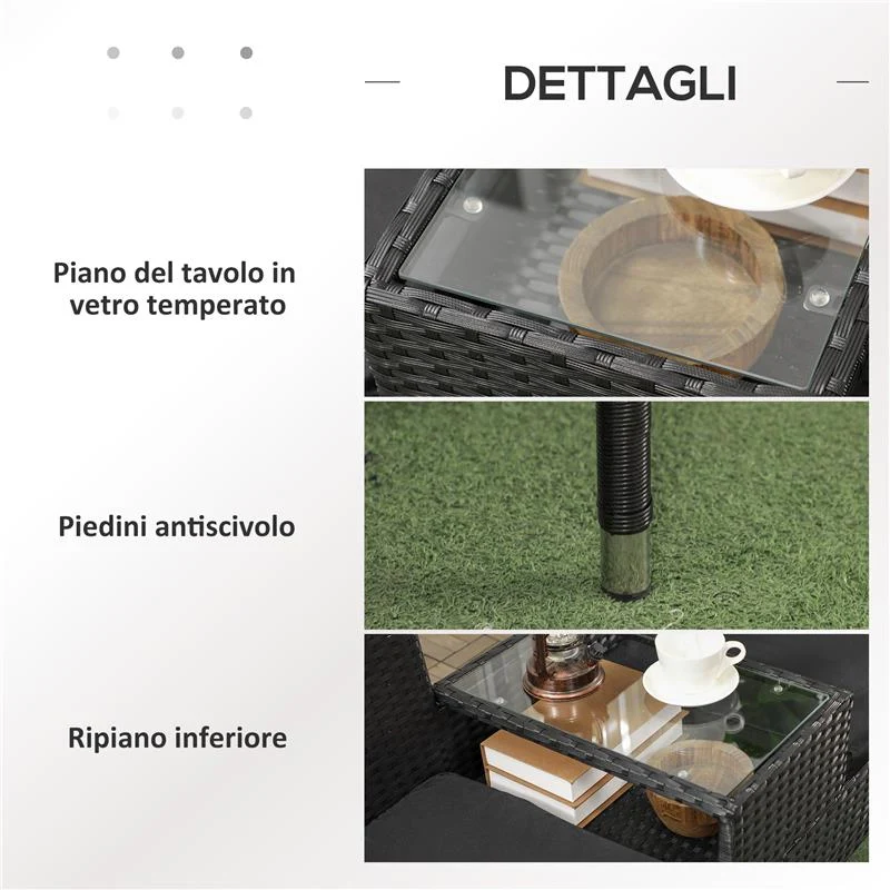 DIVANETTO PER ESTERNI 2 POSTI CON TAVOLINO DA CAFFÈ IN ACCIAIO E RATTAN PE 137X59X82 CM NERO - Image 7