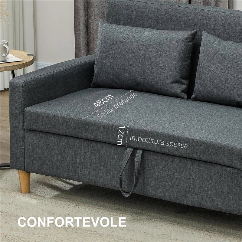 DIVANO 2 POSTI CON SPAZIO PORTAOGGETTI E CUSCINI IN TESSUTO EFFETTO LINO E LEGNO 135X72X84 CM GRIGIO CARBONE - Image 5