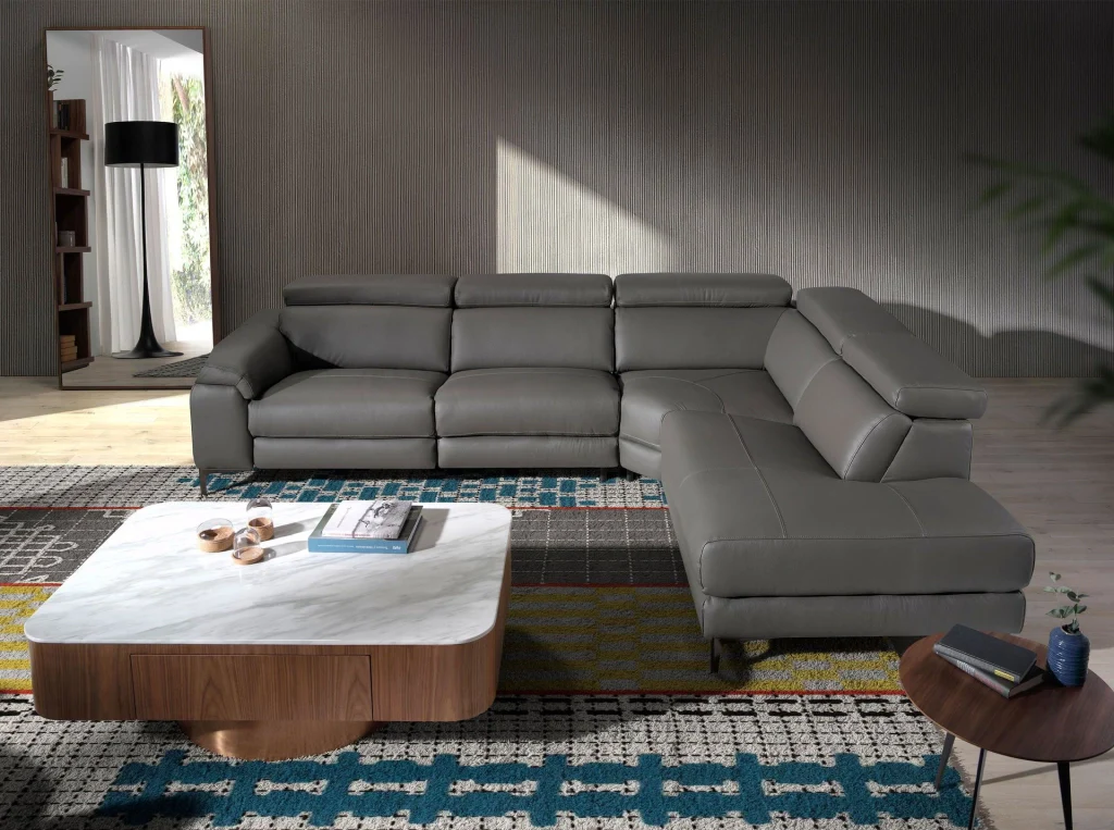 Divano relax con chaise longue destra in pelle grigio scuro - Image 3