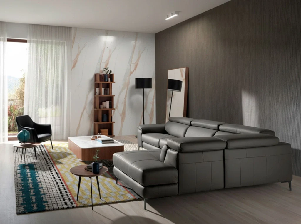 Divano relax con chaise longue destra in pelle grigio scuro - Image 6