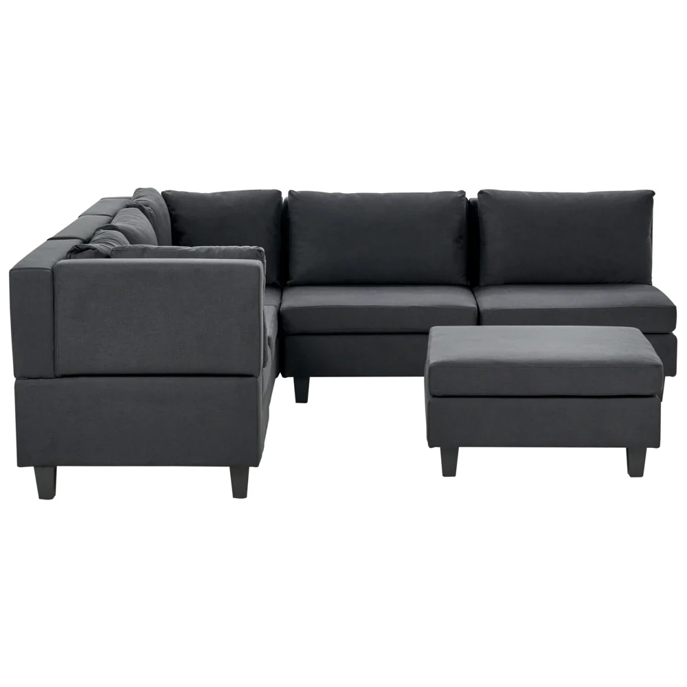 Divano componibile a 5 posti imbottito lato destro in tessuto nero con gambe nere e pouf stile moderno - Image 2
