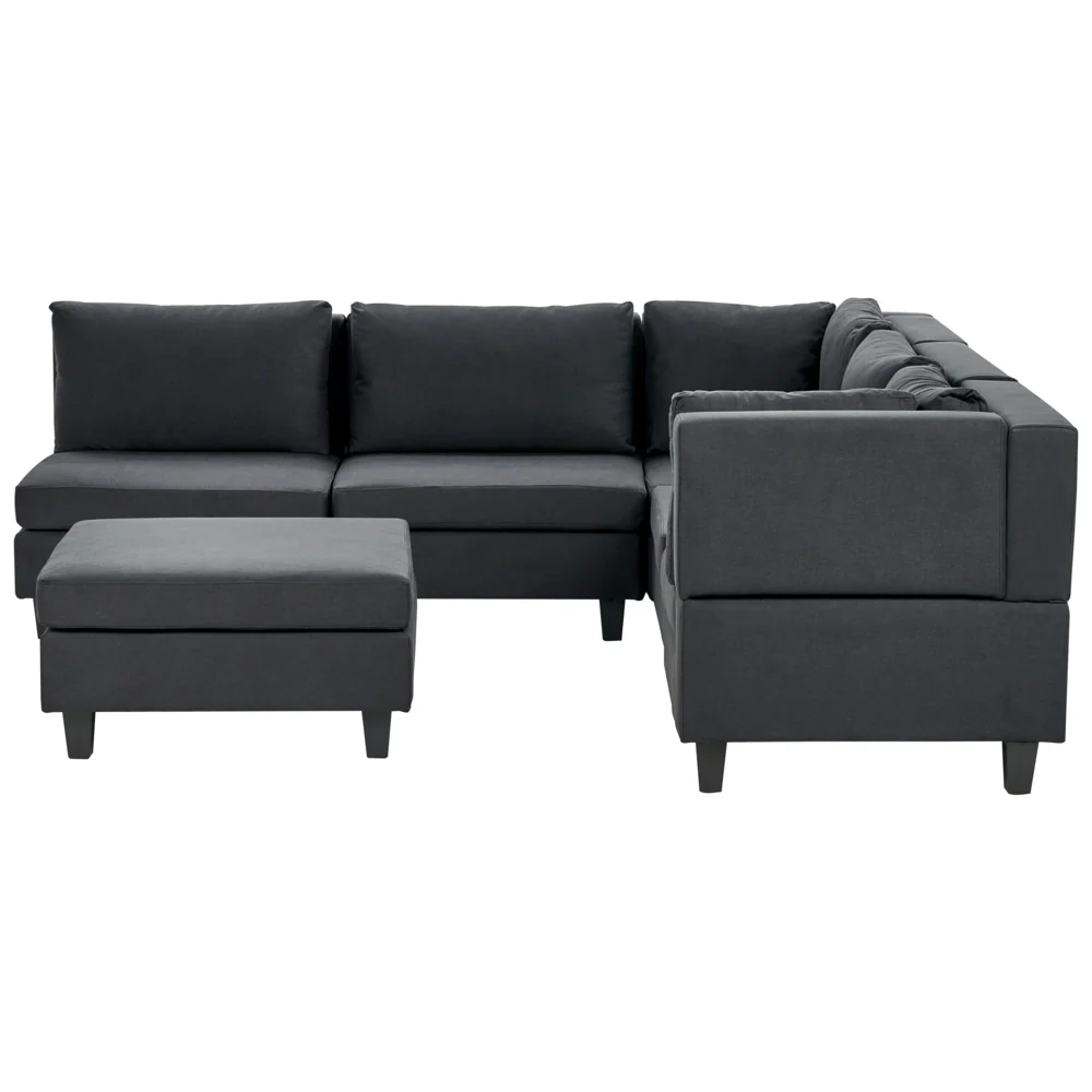 Divano componibile a 5 posti imbottito lato sinistro in tessuto nero con gambe nere e pouf stile moderno - Image 2