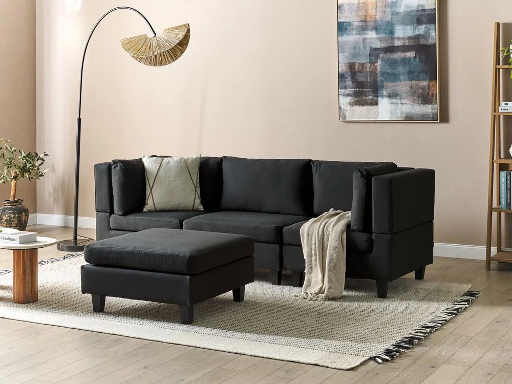 Divano Componibile Rivestito In Tessuto Nero 3 Posti con ottomano stile moderno - Image 4
