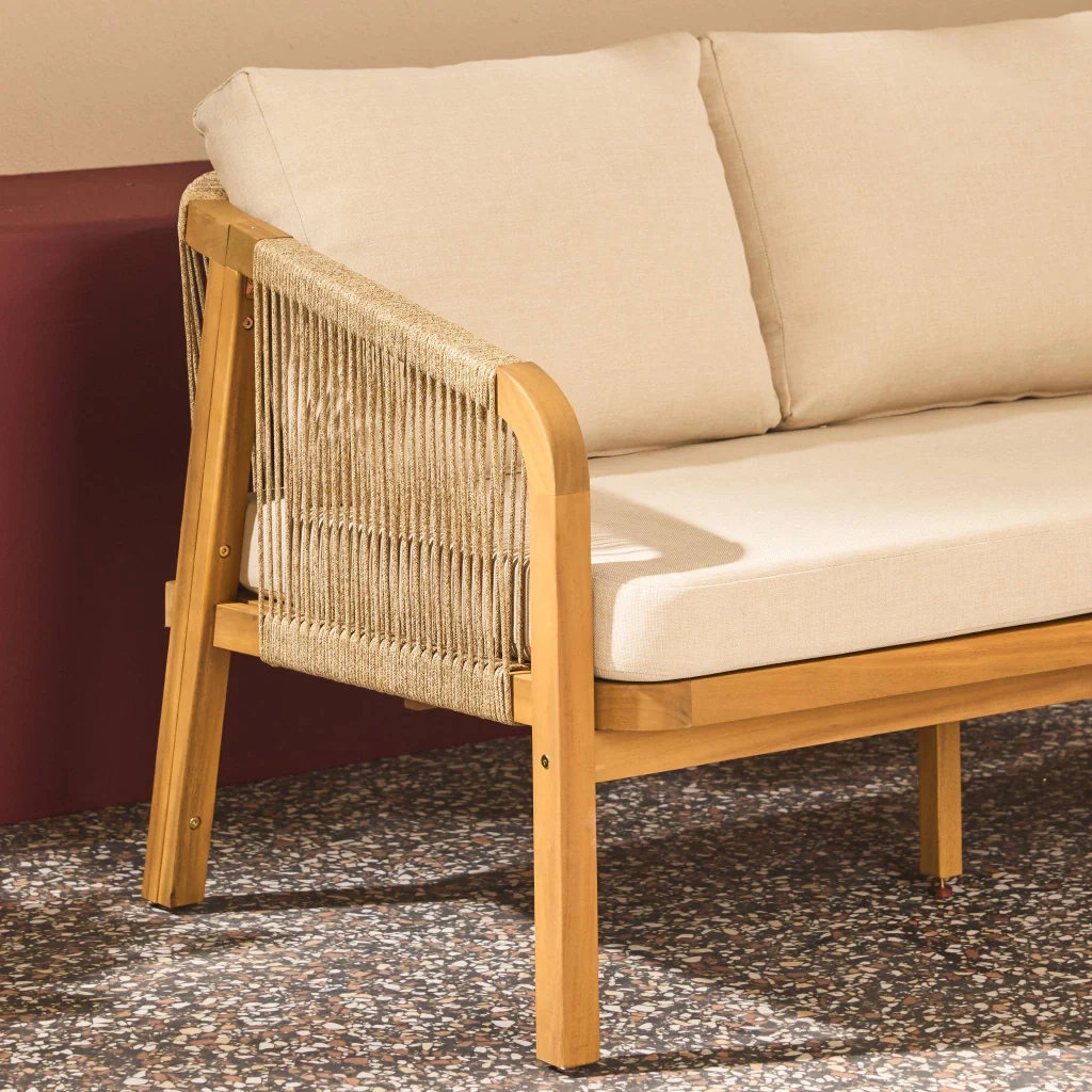 Divano da esterno in legno di acacia e corde, 3 posti, beige - Image 6