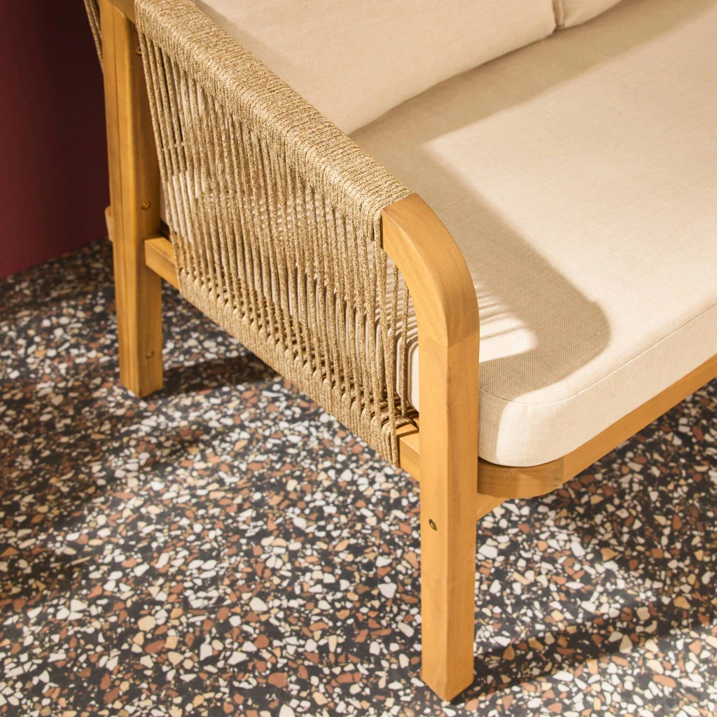 Divano da esterno in legno di acacia e corde, 3 posti, beige - Image 7