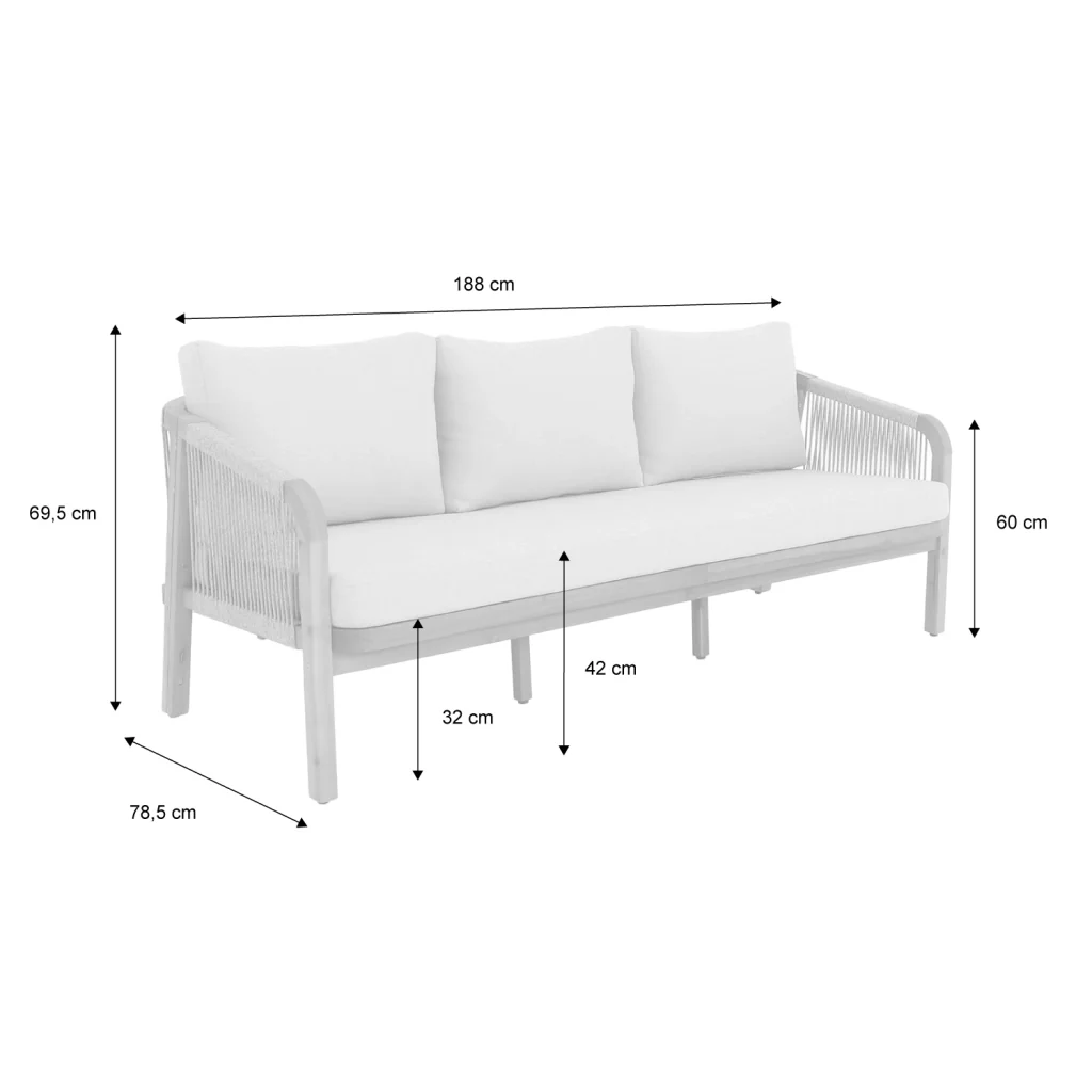 Divano da esterno in legno di acacia e corde, 3 posti, beige - Image 8