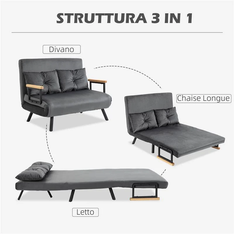 DIVANO LETTO 3 IN 1 IN TESSUTO EFFETTO VELLUTO CON SCHIENALE REGOLABILE E 2 CUSCINI M102X73X81 CM GRIGIO SCURO - Image 2