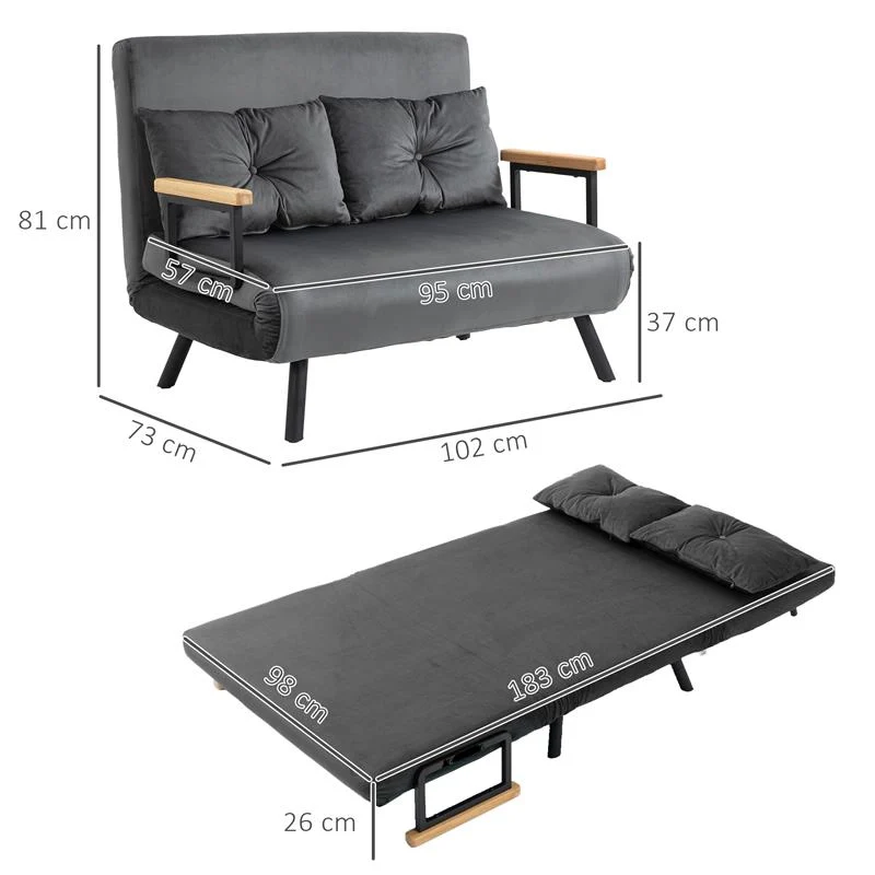 DIVANO LETTO 3 IN 1 IN TESSUTO EFFETTO VELLUTO CON SCHIENALE REGOLABILE E 2 CUSCINI M102X73X81 CM GRIGIO SCURO - Image 3